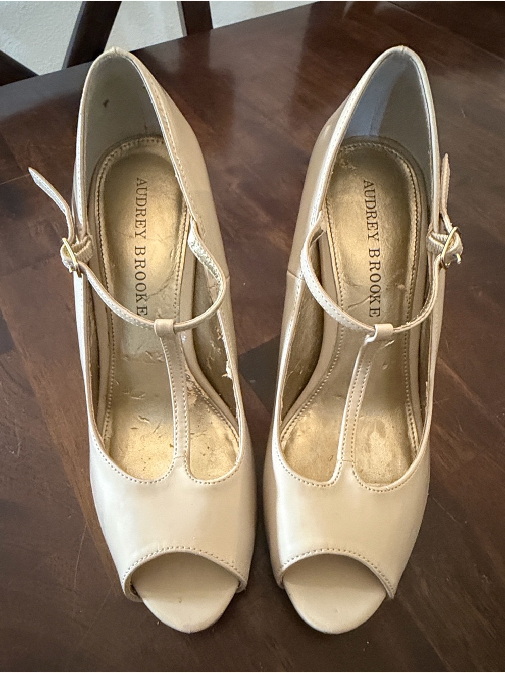 Audrey Brooke Nude T-Strap Peep Toe Heels